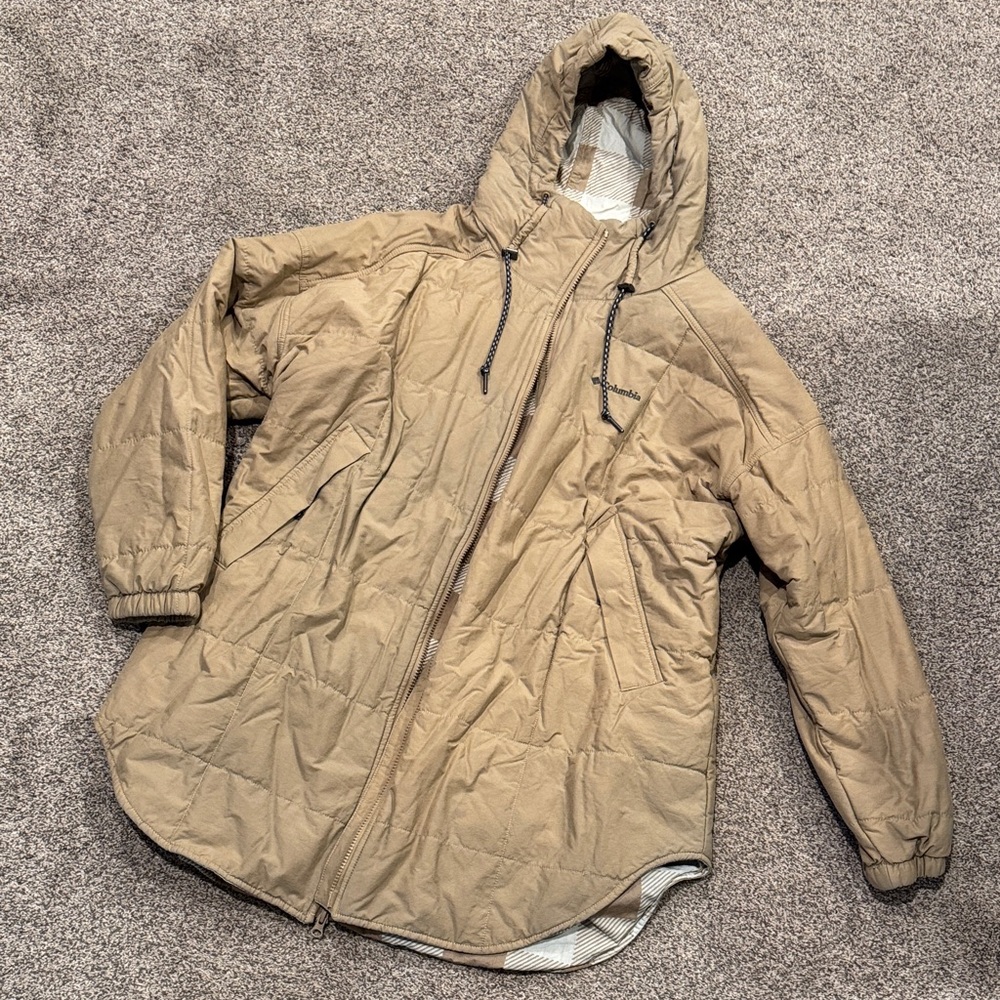 Columbia Tan Hooded Quilted Trench Coat